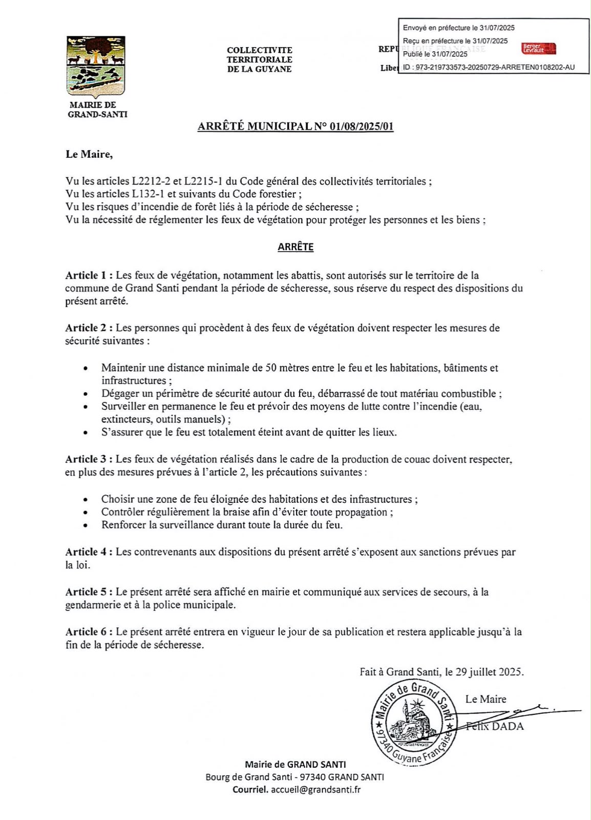 Réglementation des feux de végétation à Grand-Santi pendant la sécheresse